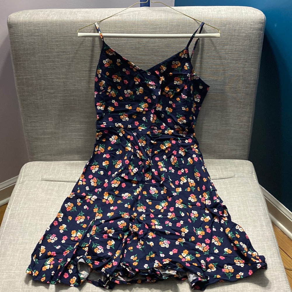 Strappy floral summer dress (navy with pink, white and orange)